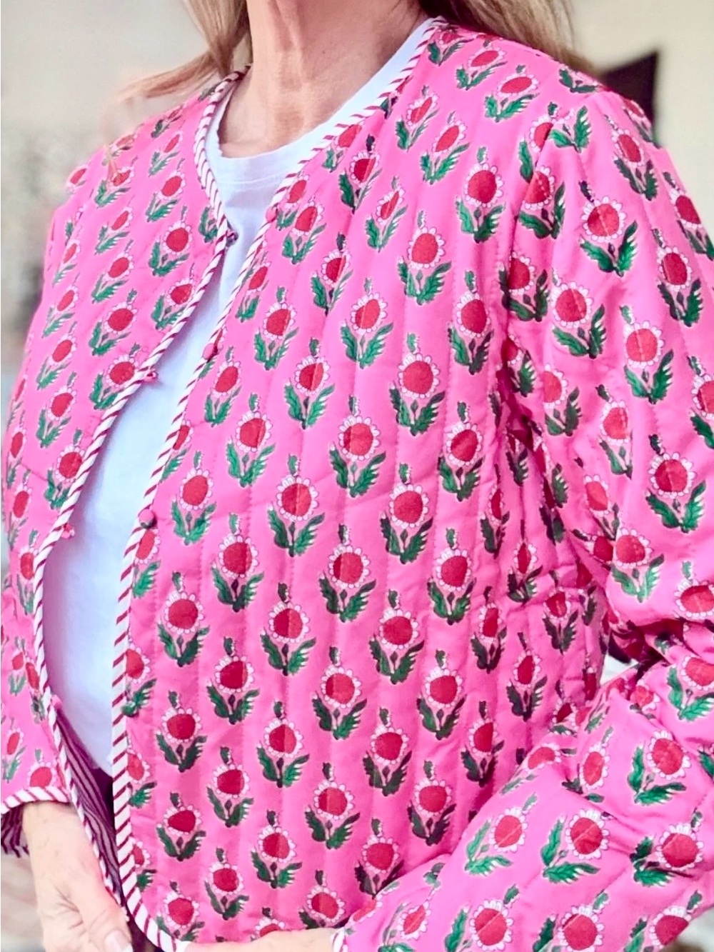 Sz XS Pink Floral & Stripes Quilted Jacket Reversible